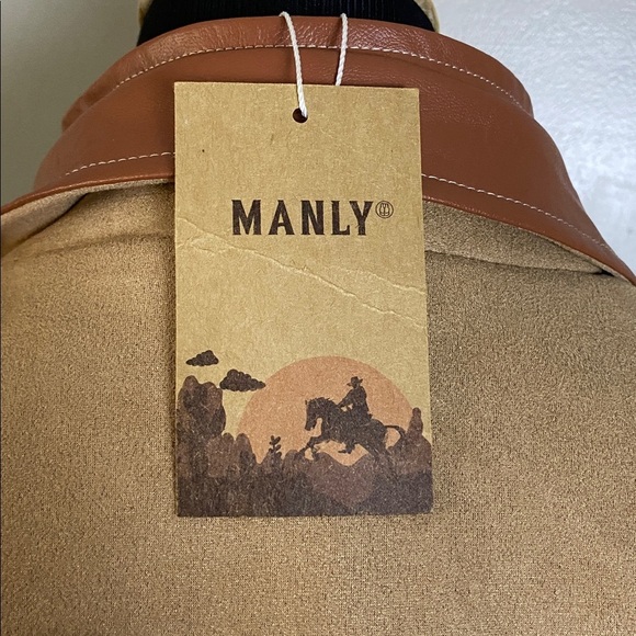 Manly Men’s Tan Khaki Suede Blazer Jacket w Leather Accents Zipper Inner Layer M - Picture 9 of 9